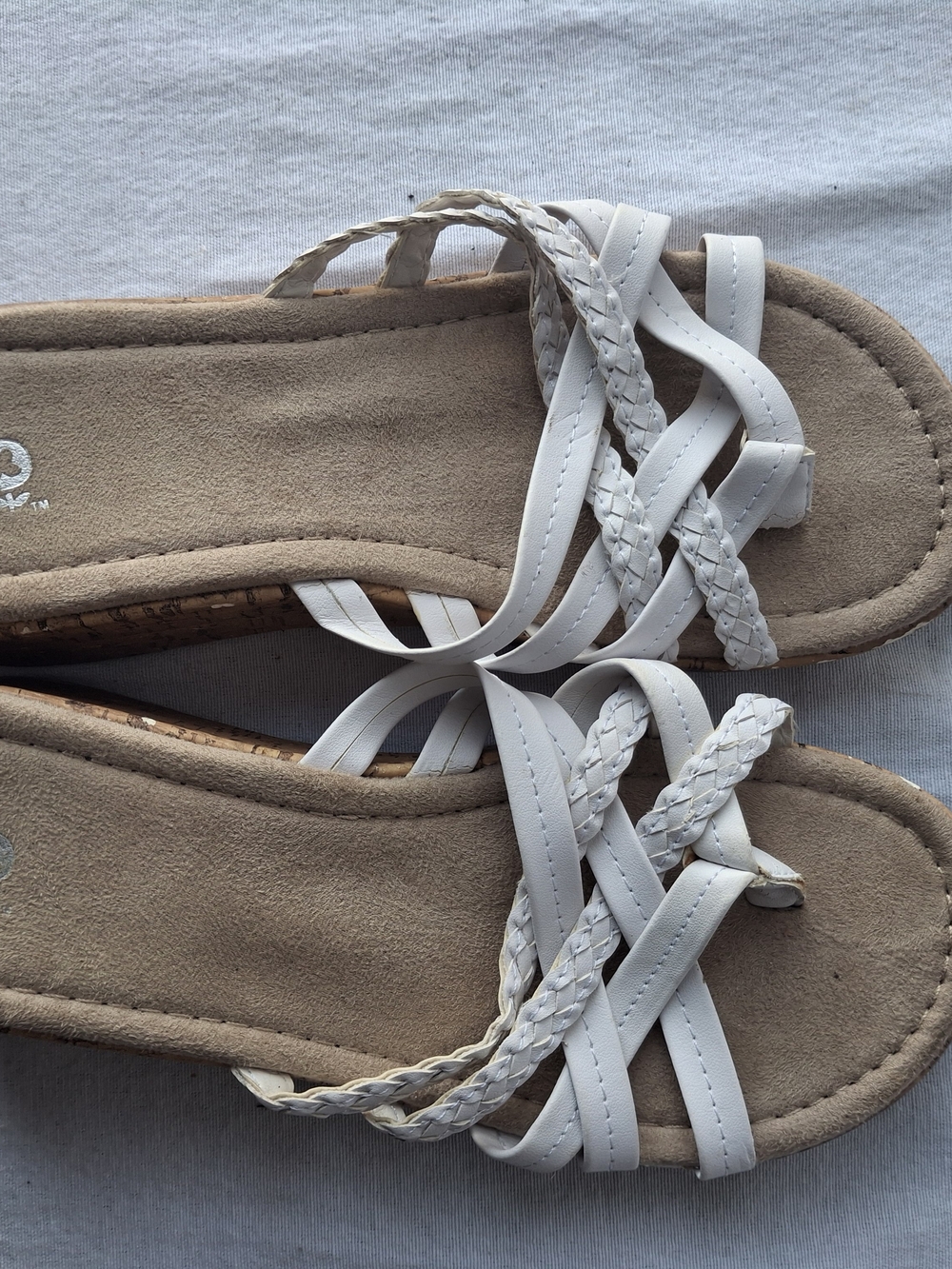 SO White Braided & Smooth Strap Women’s Slide Sandals. Cork Wedge Heel.